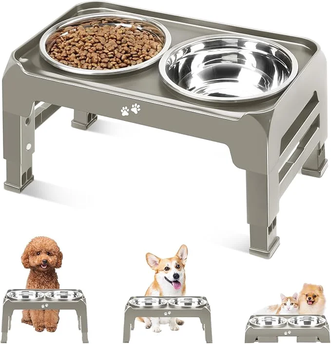 High-End d Dog Bowls for Small Dogs 3 Height Adjustable Raised Dog Bowl Stand with 25oz Stainless Steel Food Bowls Anti-Slip Small Dogs Feeder Adjusts to 7.5 6 2.75 Light Brownish GrayAbout ThisOverview Traditional