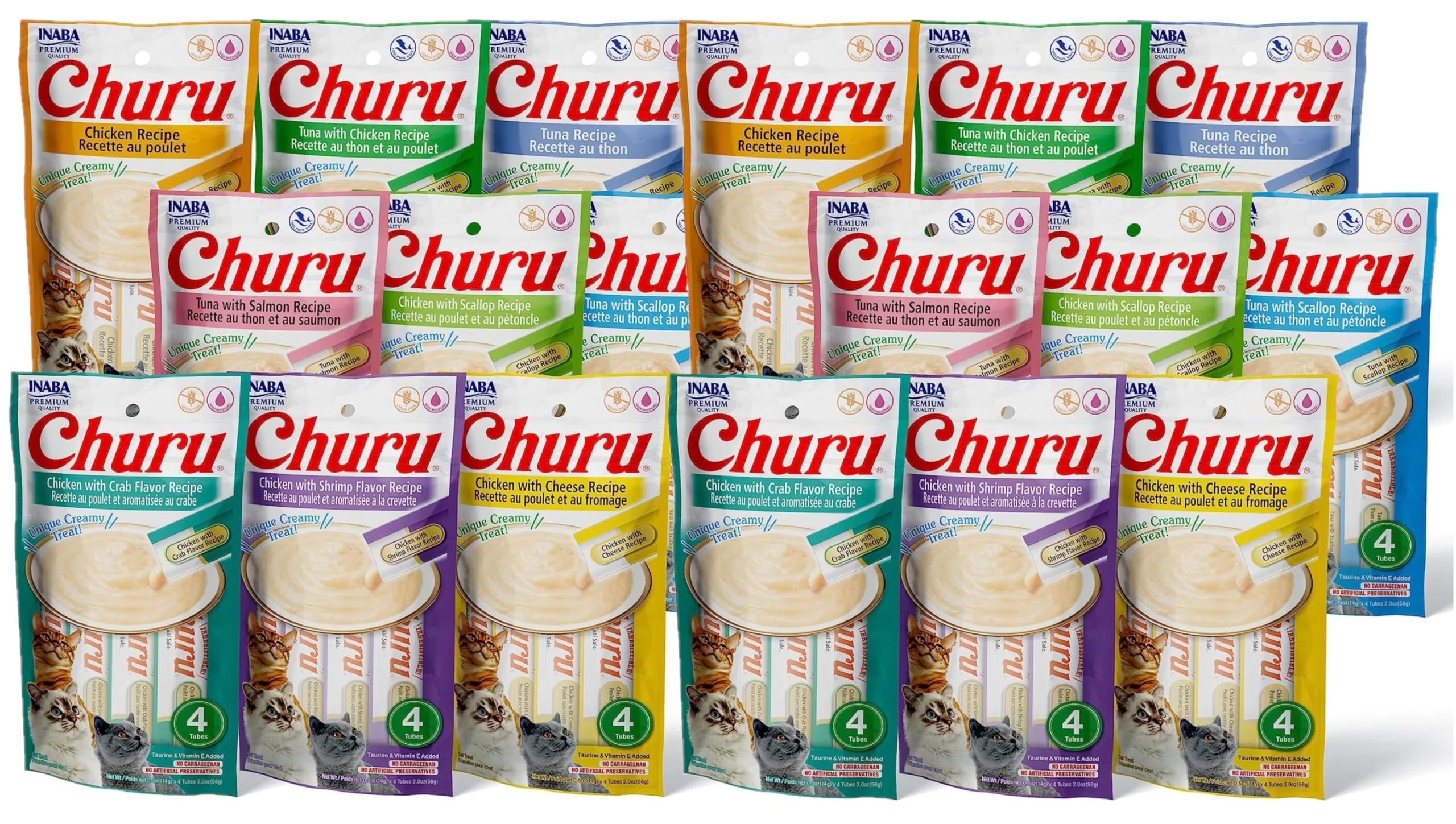 Next-Generation INABA Churu Cat Treats — Grain- Lickable Purée with Taurine Vitamin E 72 Tubes 19 Flavors Secure