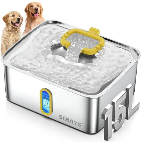 Classic SIBAYS 4Gal 15L Stainless Steel Large Dog Water Fountain FS78 – Ultra Quiet Visible Water Level LED Reusable