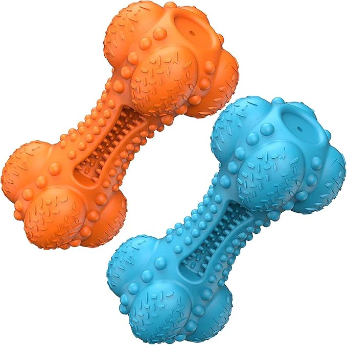 High-End SCHITEC Two Squeaky Dog Chew Toy for Aggressive Chewers Large Breed Tough Indestructible Rubber Bone with Toothbrush for Big Medium Dogs Teeth Cleaning Blue and OrangeAbout This Reliable