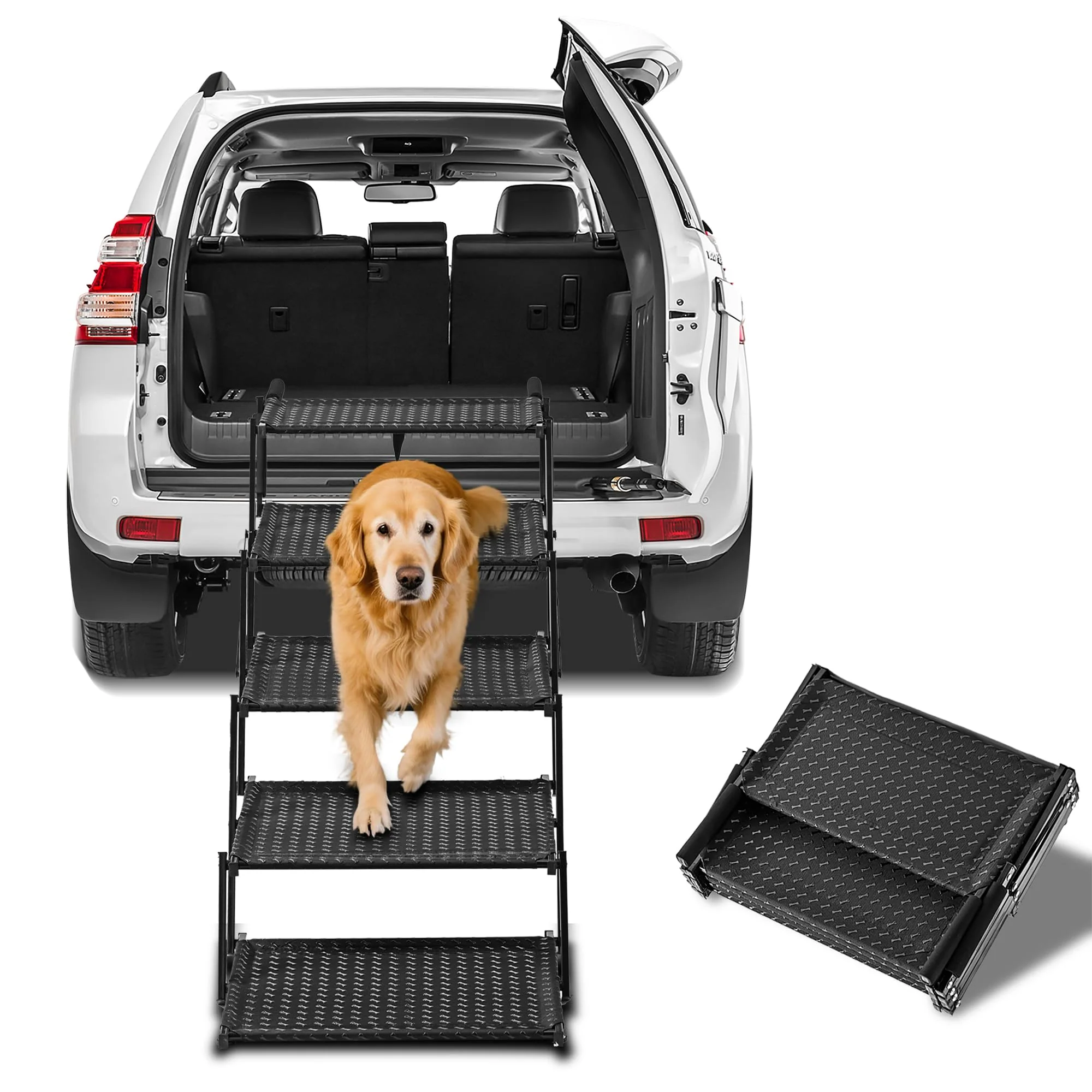 Clean Zendova Extra Wide Dog Stairs for Car – Foldable 5-Step Ramp up to 250 lbs Practical