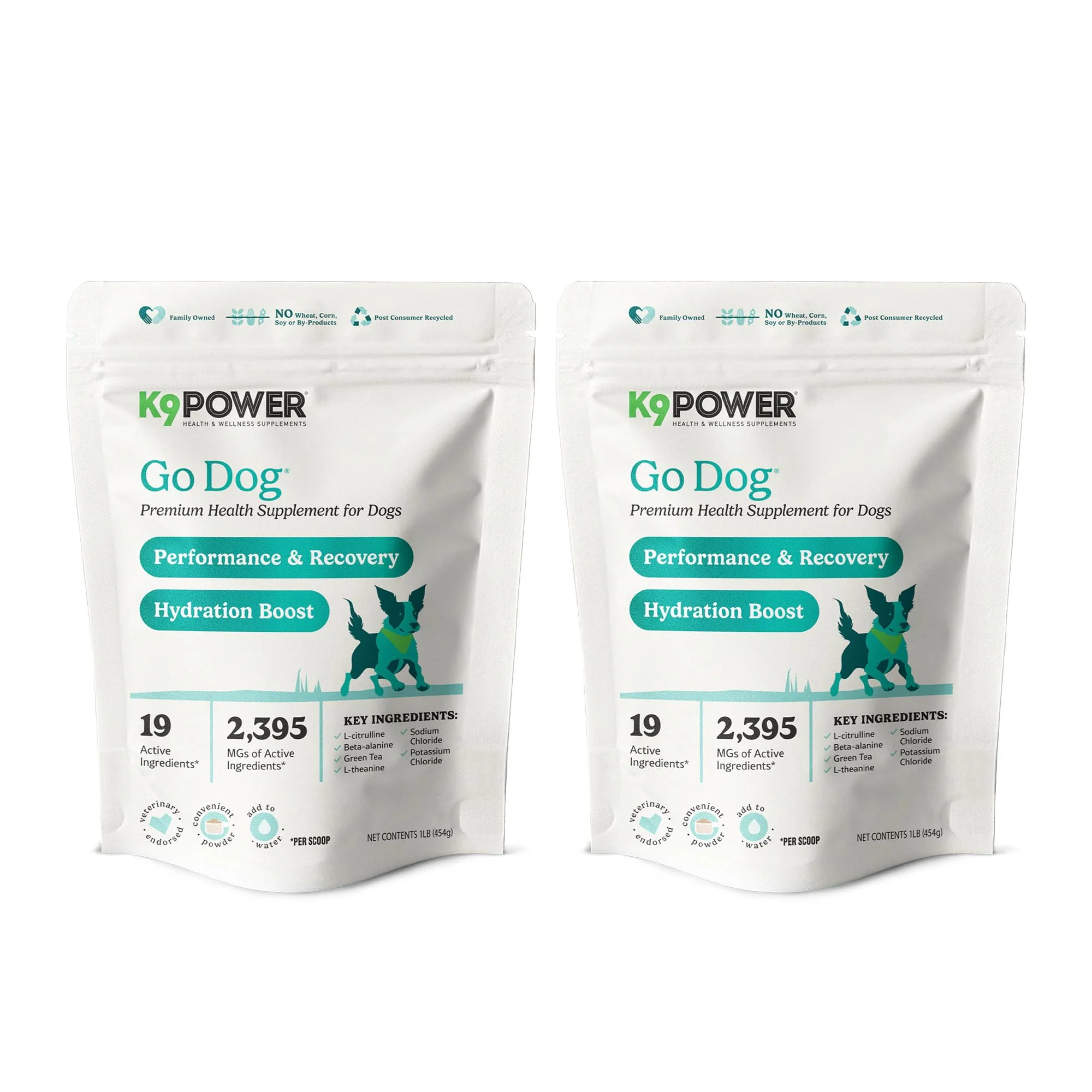 Original K9Power Go Dog Hydration Electrolyte Supplement - 2 Pack for Stamina Recovery Energy Efficient