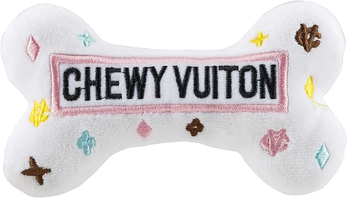 Unique Haute Diggity Dog White Chewy Vuiton Bone Plush Designer Dog Toys with Interactive Squeaker Stimulating Pet Enrichment Machine-Washable Safe Materials for All Breeds Size SmallAbout This Reliable