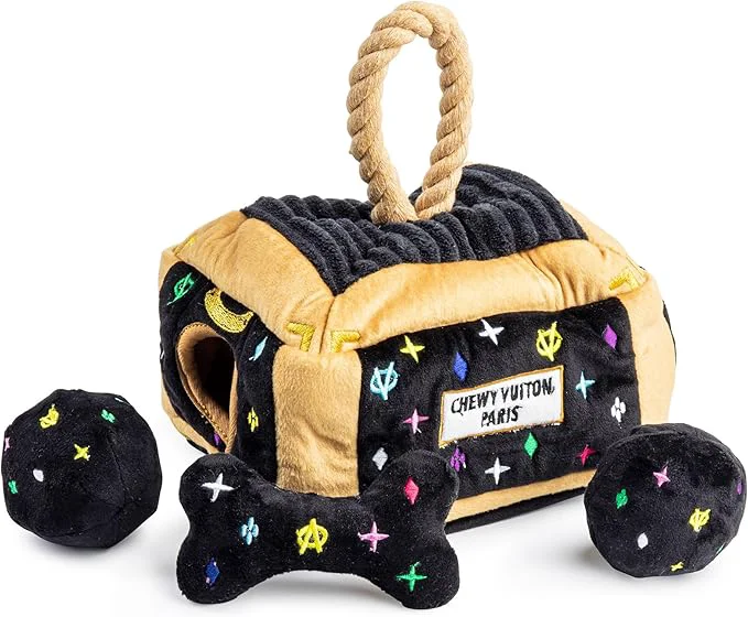 Trendy Haute Diggity Dog Black Monogram Chewy Vuiton Interactive Trunk Plush Designer Dog Toys with Interactive Squeaker Stimulating Pet Enrichment Machine-Washable Safe Materials for All BreedsAbout This Optimized