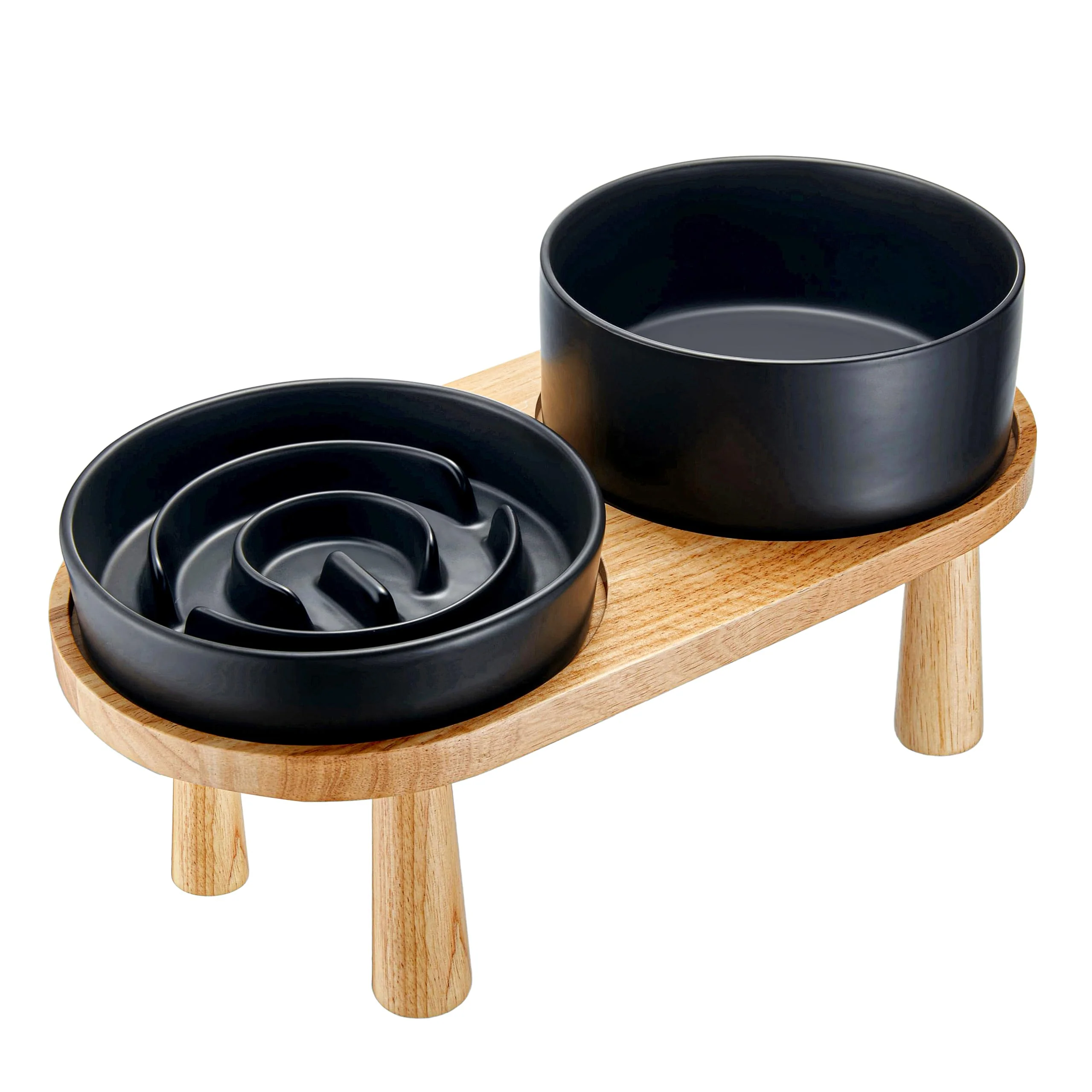 Natural MOPANG Ceramic Slow Feeder Water Bowl Set for Medium Large Dogs d 8.0-Inch Ceramic Bowls on Wooden Stand Black Advanced