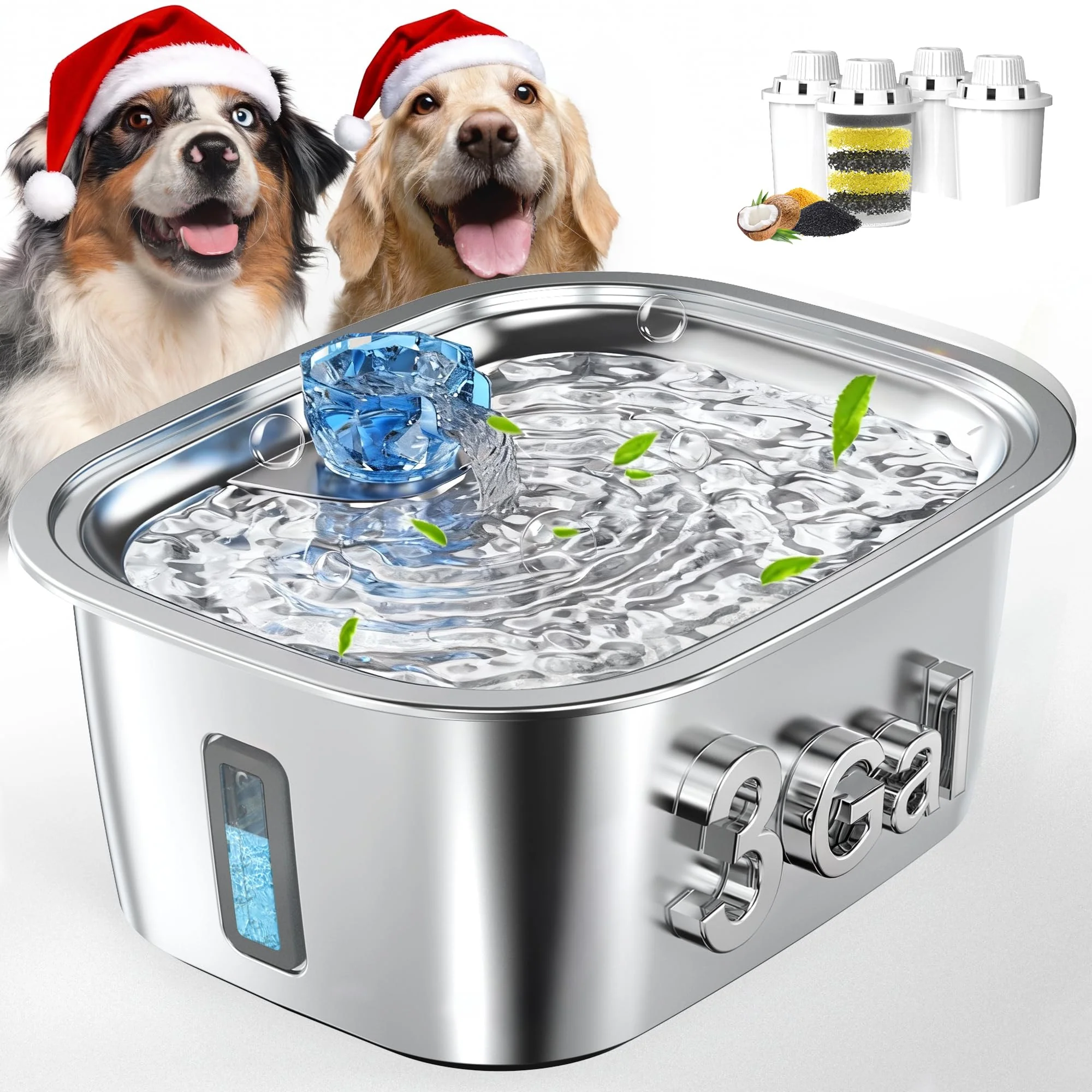 Refined PETNF Dog Water Fountain for Large Dogs – 3 Gallon Stainless Steel 4 Filters Quiet Pump Versatile