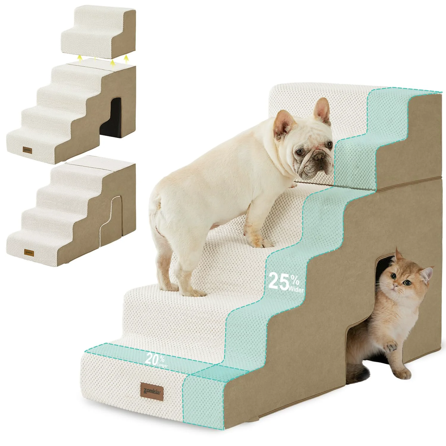 Superior ZOMISIA 6-Step Dog Steps for High Beds - 28.5-in H 2-in-1 with Tunnel Beige Innovative