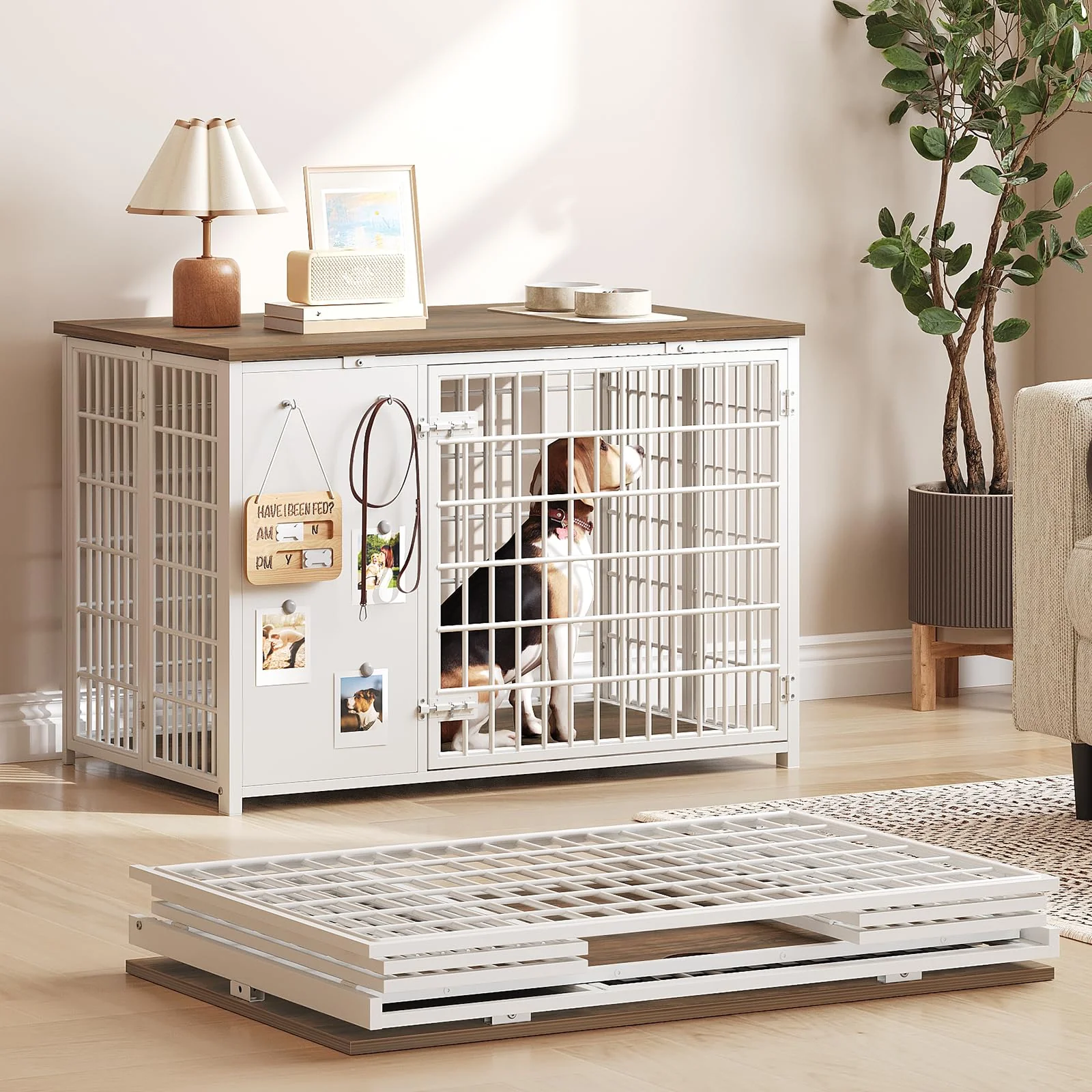 Modern YATINEY Foldable Dog Crate Furniture DC95WH – White Walnut Space-Saving Indoor Kennel End Table High-Performance