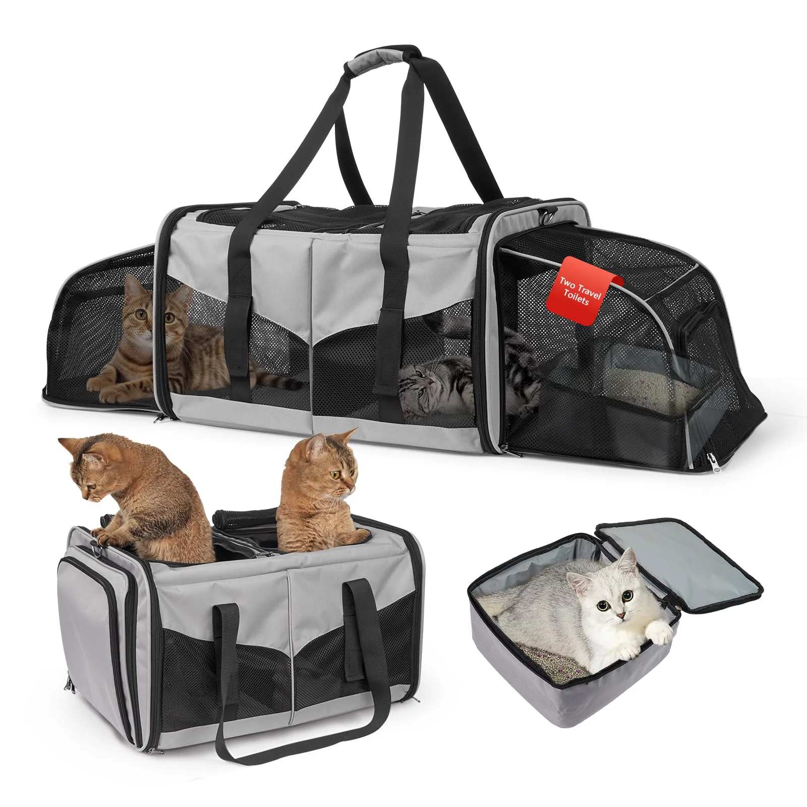 Traditional LitaiL Cat Travel Carrier with Litter Boxes for 2 Cats – Double-Compartment Expandable Advanced