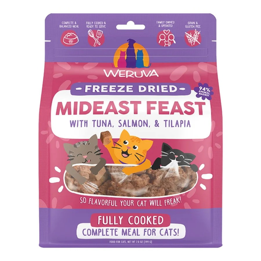 Pure Weruva Mideast Feast Grain- ze Dried Cat Food Tuna Salmon Tilapia 7-oz Certified