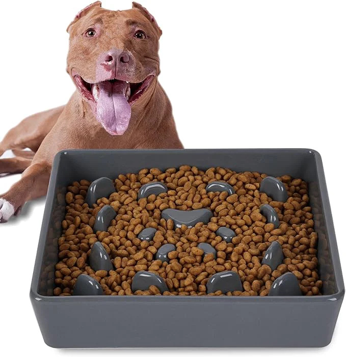 Prestigious Square Slow Feeder Dog Bowls Ceramic Fun Slow Eater Bowl for Small Medium Breed Grey About ThisOverview Clean