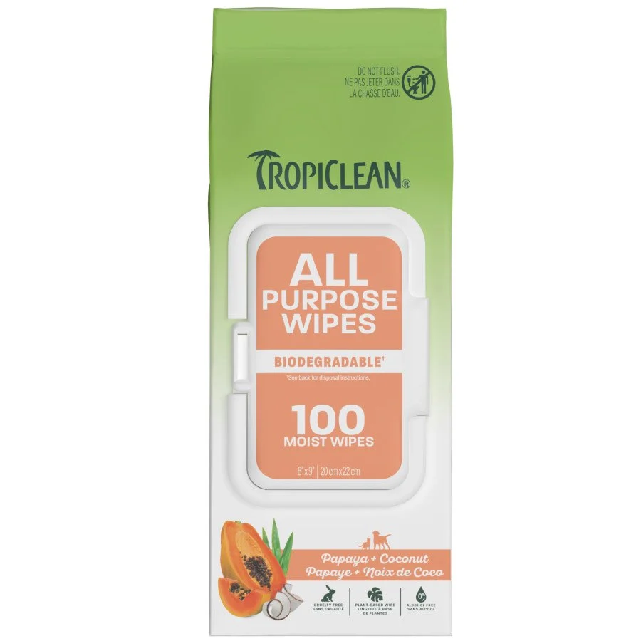 Convenient TropiClean Papaya Coconut All-Purpose Wipes for Dogs Cats 100 Count Minimalist