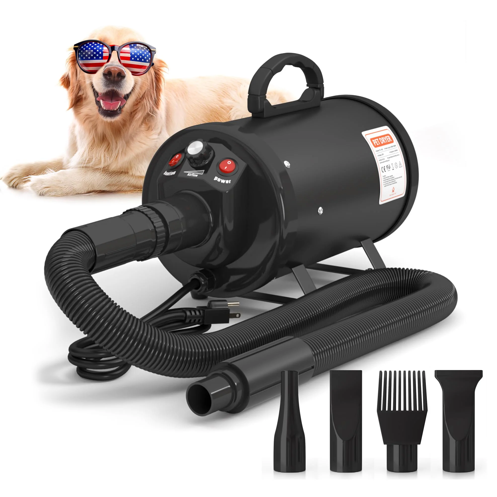 Fast Pet Control HQ High-Velocity Dog Dryer - Quiet Grooming Blower 4 Nozzles Adjustable Speed Convenient