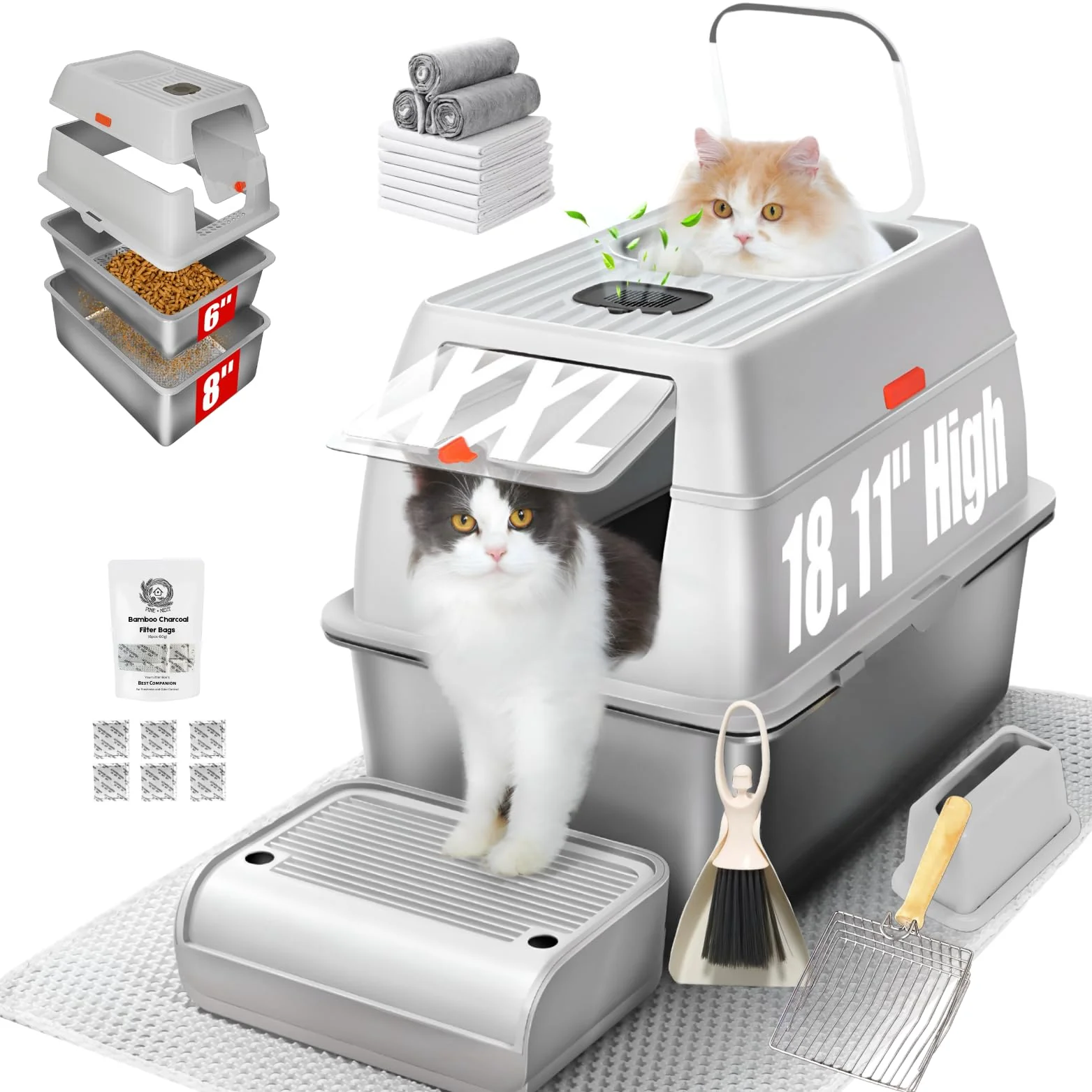 Detailed PINENEST XXL Stainless Steel Sifting Litter Box with Lid – Large Cats 8-inch Deep Leak-Proof Includes Mat Scooper Excellent