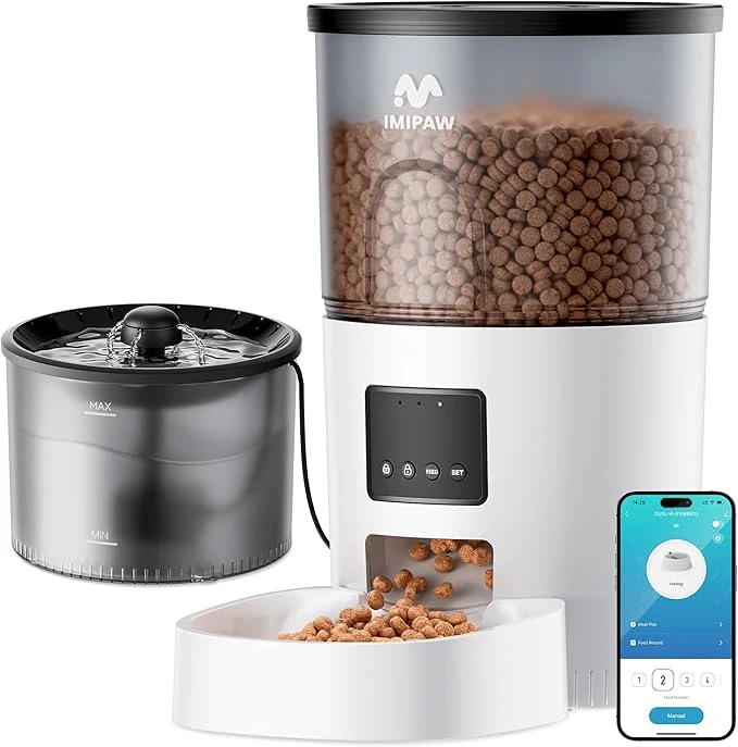 Genuine IMIPAW 5G WiFi Automatic Cat Feeder and Water Dispenser Timed Dry Food Dispenser APP Remote Control Programmable Portions with Desiccant Cat Fountains for Drinking with Filter Small Pets Combo About ThisOverview Fast