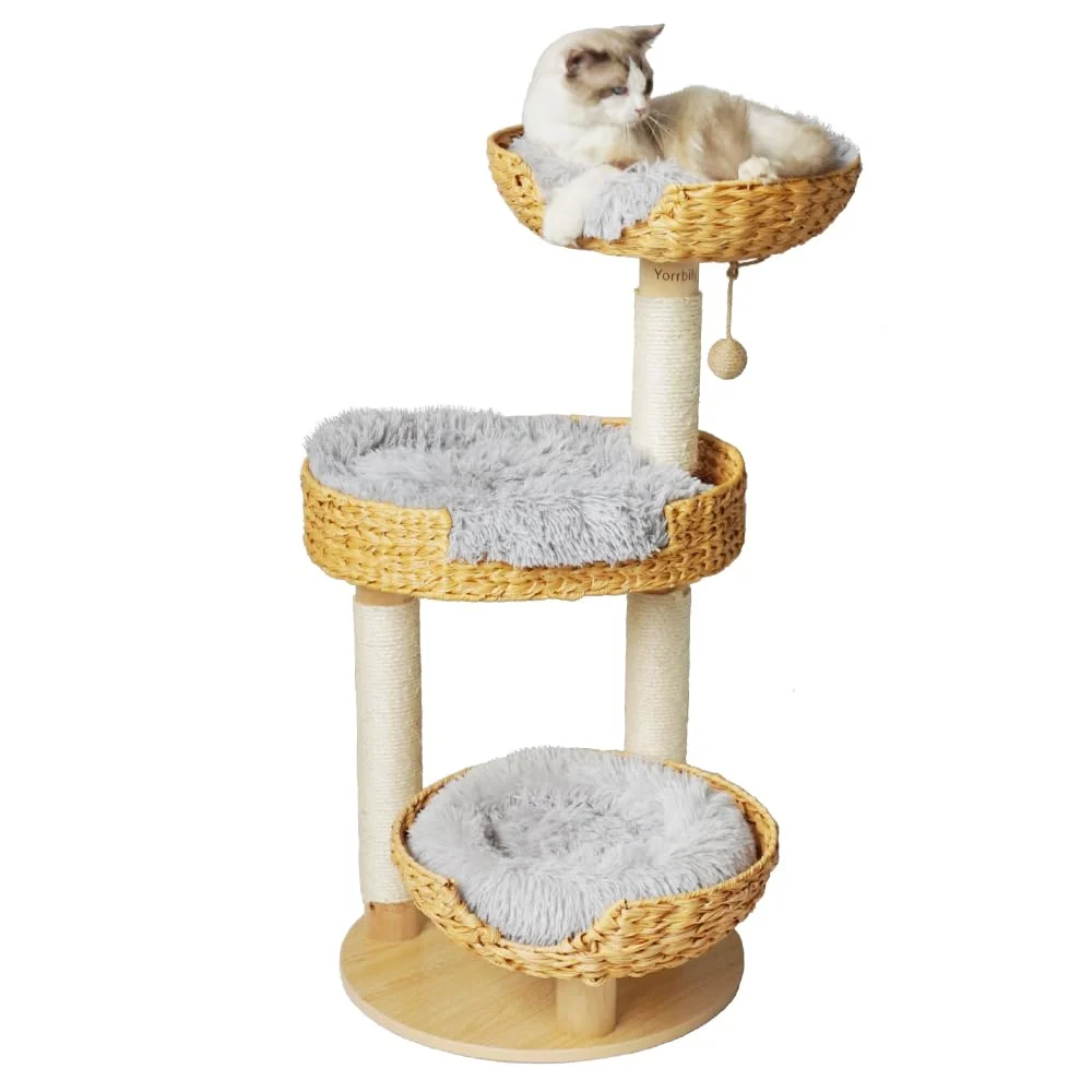 Recyclable Yorrbily Cat Tree 39 Inches - Sisal Post Handwoven PE Rattan Baskets Cozy Cushions High-End