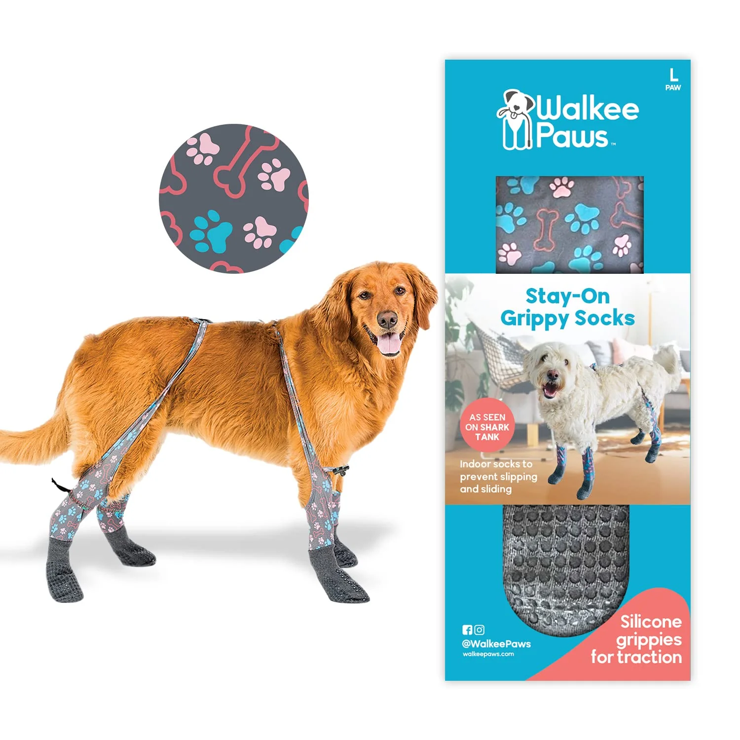 Authentic Walkee Paws Stay-On Dog Socks – Non-Slip Grippy Socks Large Shark Tank Featured Soft