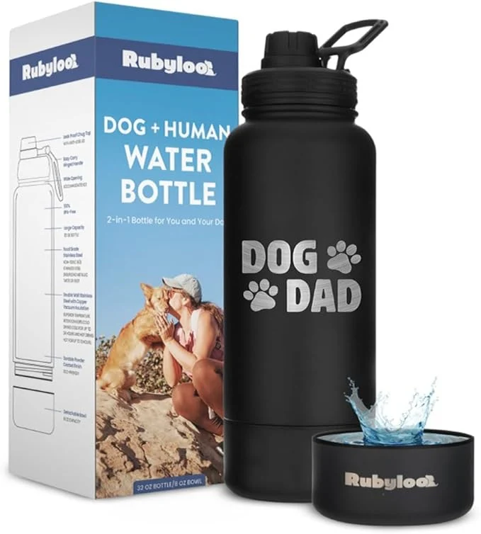 Recyclable Dog Dad Water Bottle – 32 oz Stainless Steel Double Wall Insulated with 8 oz Detachable Bowl on Bottom – Cool Dog Dad Gifts for Men for Hiking Walking Travel Everyday Adventures – DD BlackAbout ThisOverview High-Performance