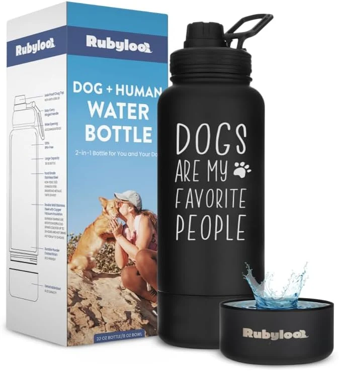 Efficient Dog Water Bottle for Dog Lovers - 32 oz Stainless Steel Double Wall Insulated Water Bottle with 8 oz Detachable Bowl on Bottom- Doggy Lover Gift for Hiking Walks Travel - Favorite People BlackAbout ThisOverview Official