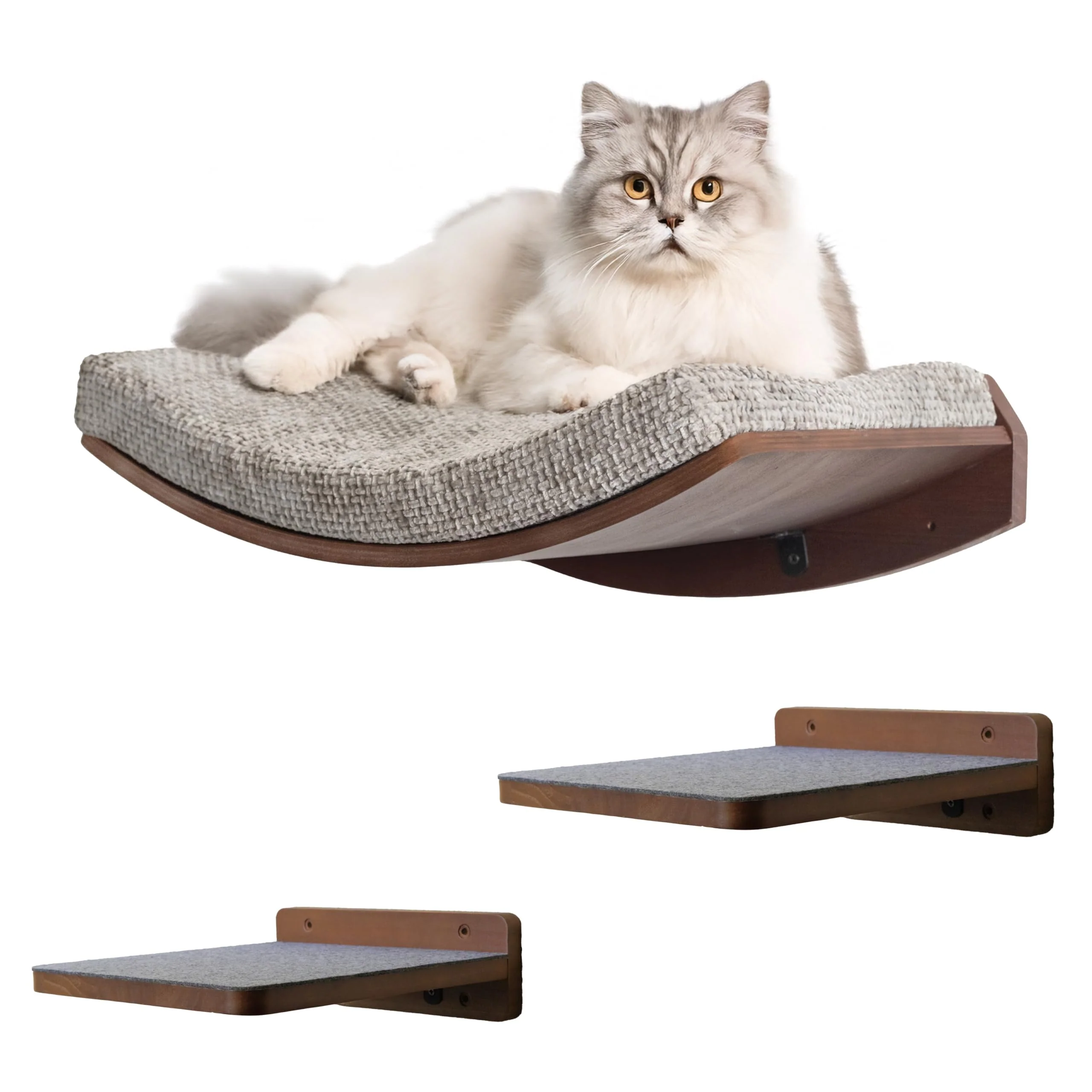Kerwis Premium Cat Shelves – Walnut Brown Wall Perches 3-Piece Kit with Replaceable Carpet Pine Wood Steps Minimalist