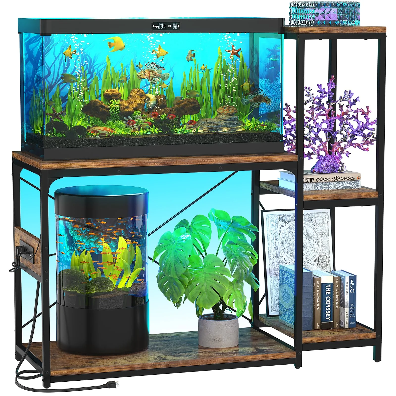 Fashionable Hyomdeck 20-29 Gallon Fish Tank Stand with Power Outlet LED Light Reversible Shelves Rustic Brown Prestigious