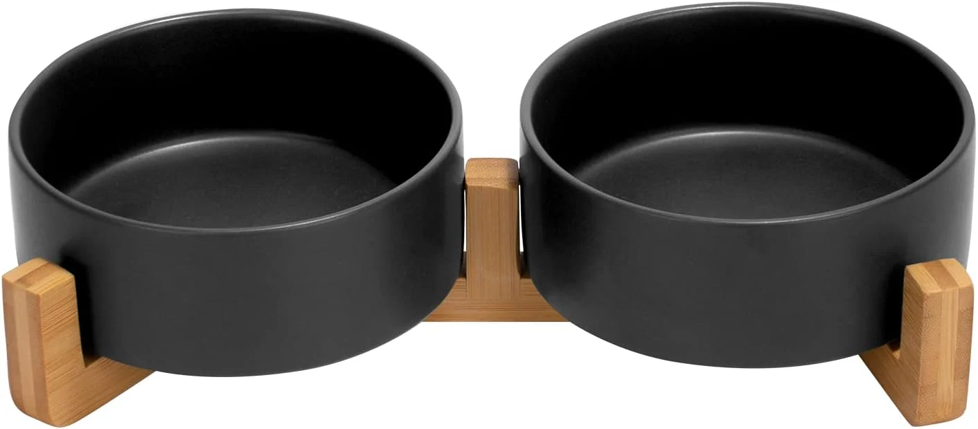 Consistent SPUNKYJUNKY Ceramic Dog and Cat Bowl Set with Wooden Stand Modern Cute Weighted Food Water Set for Small Size Dogs 13.5OZ Medium Sized Dogs 28.7OZ Cats 1.7 Cups 2 × Black Comfortable