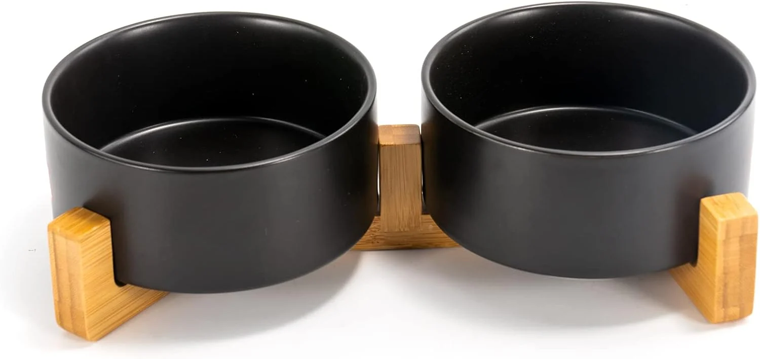 High-Performance SPUNKYJUNKY Ceramic Dog and Cat Bowl Set with Wooden Stand Modern Cute Weighted Food Water Set for Large Size Dogs 7.6 Cups 2 × Black Professional