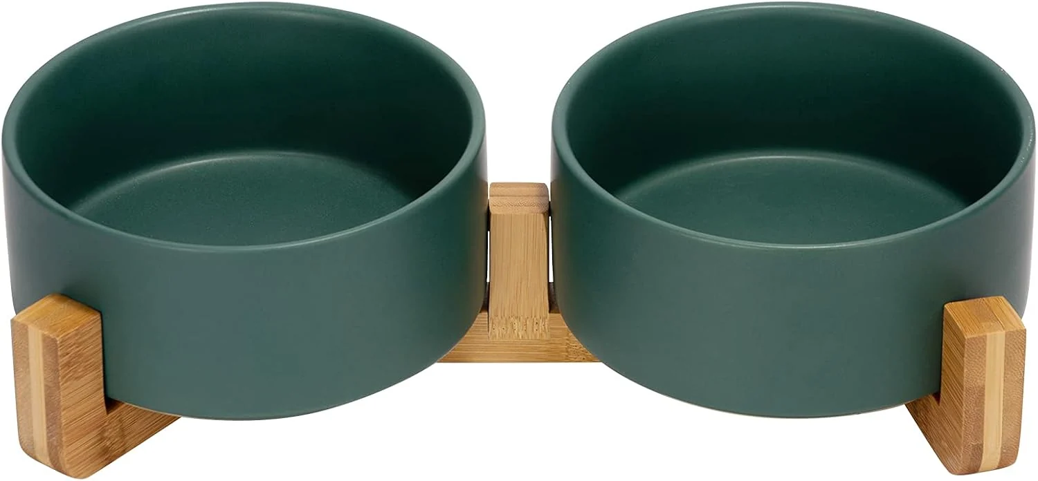 Comfortable SPUNKYJUNKY Ceramic Dog and Cat Bowl Set with Wooden Stand Modern Cute Weighted Food Water Set for Large Size Dogs 7.6 Cups 2 × Green Classic
