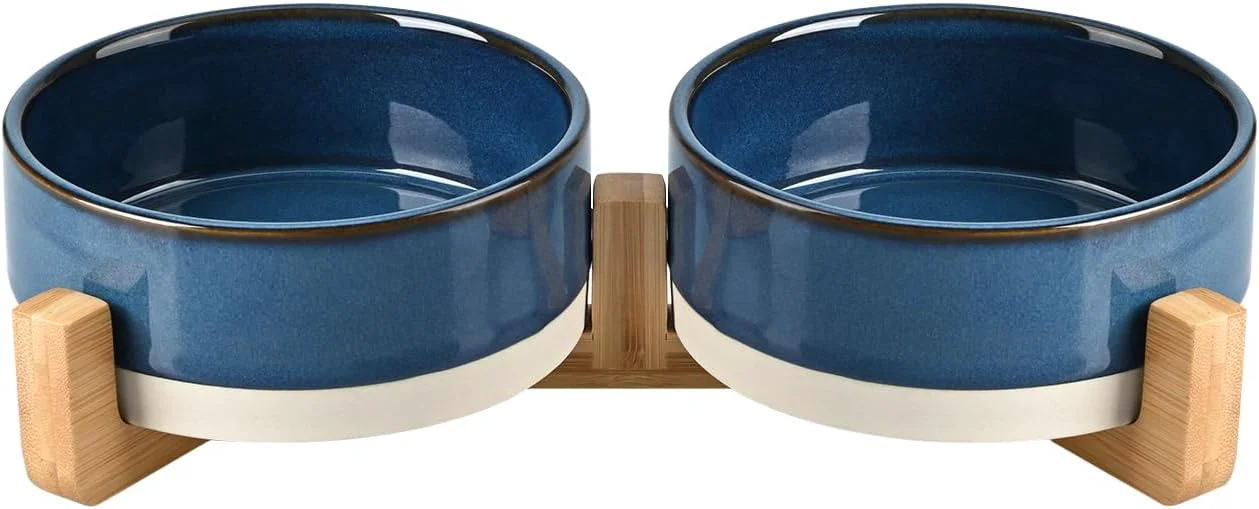 Reusable SPUNKYJUNKY Ceramic Dog and Cat Bowl Set with Wooden Stand Modern Cute Weighted Food Water Bowl Set for Small Size Dogs 1.7 Cups 2 × Pattern Blue Efficient