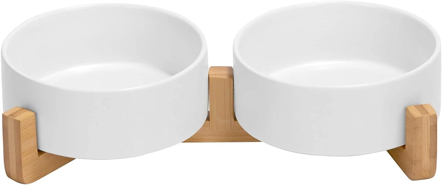 Sustainable SPUNKYJUNKY Ceramic Dog and Cat Bowl with Wood Stand Non-Slip Matte Glaze Weighted Food Water Set for Cats Small Dogs 13.5 OZ Long-Lasting