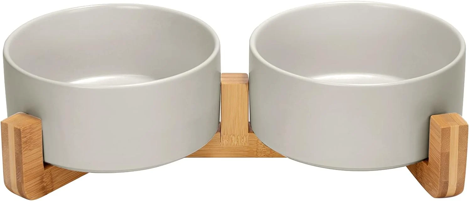 Reusable SPUNKYJUNKY Ceramic Dog and Cat Bowl Set with Wooden Stand Modern Cute Weighted Food Water Set for Large Size Dogs 7.6 Cups 2 × Grey Original Design