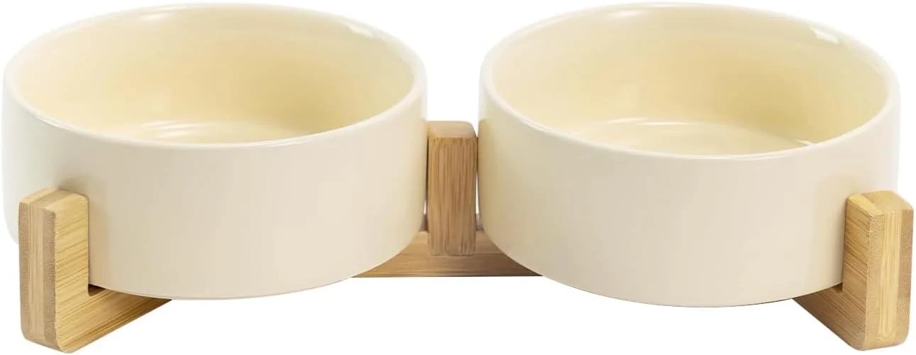 Contemporary SPUNKYJUNKY Ceramic Dog and Cat Bowl Set with Wooden Stand Modern Cute Weighted Food Water Set for Small Size Dogs 13.5OZ Medium Sized Dogs 28.7OZ Cats 1.7 Cups 2 × Beige