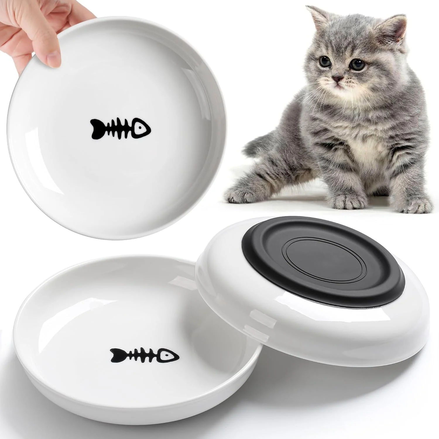 Efficient No Spill Cat Bowls Cat Food Bowl Anti Whisker Fatigue Healthy Ceramic Cats Dishes Set for Indoor Cats Shallow Wide Kitten Plates for Food and Water Non-Slip Silicone Bottom 3 Pack Breathable