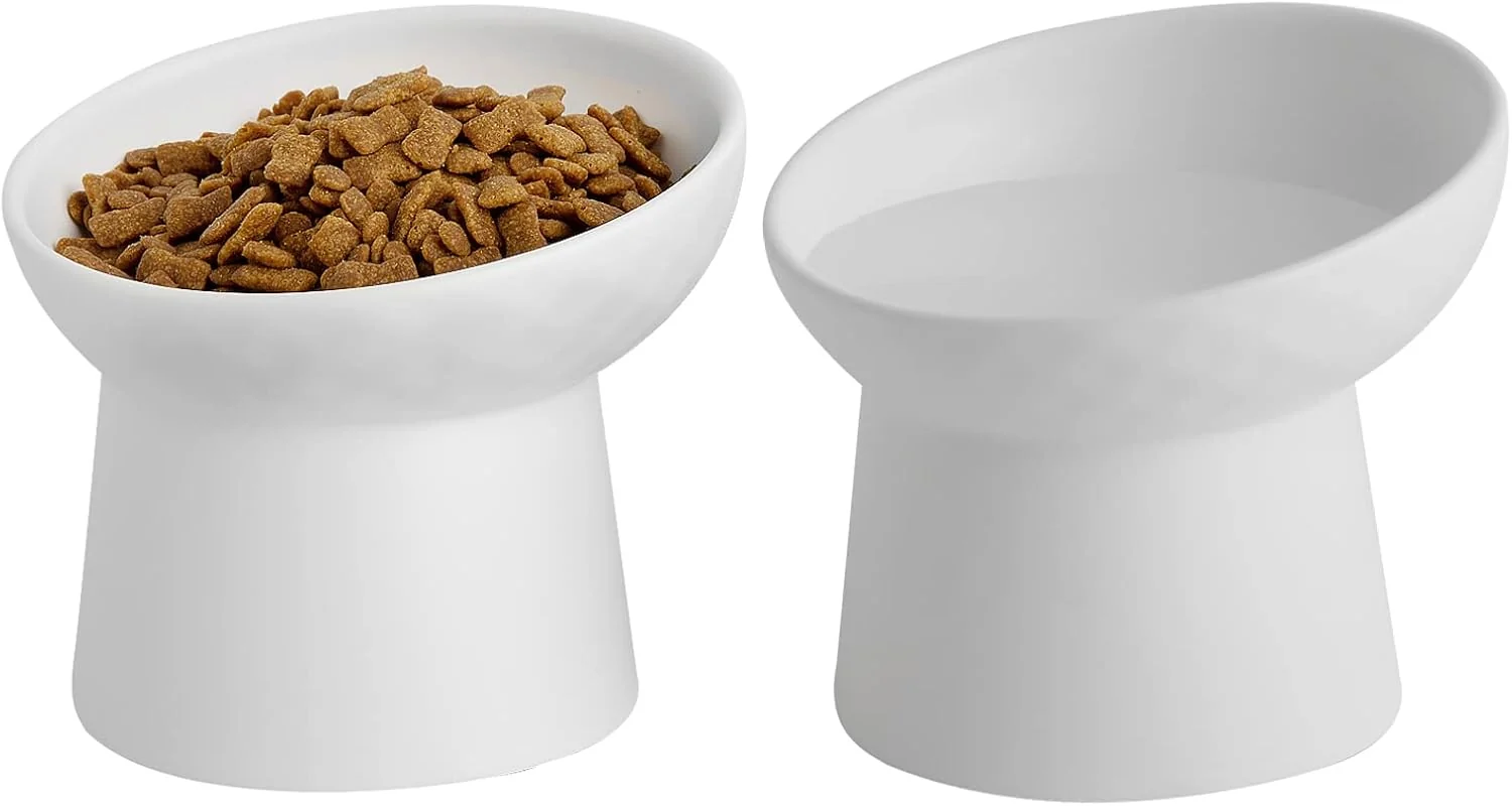 Relaxed Ceramic Raised Cat Bowls d Tilted Cat Food and Water Bowls Set Porcelain Stress Pet Feeder Dish for Cats and Small Dogs Dishwasher and Microwave Safe Set of 2 White Pure