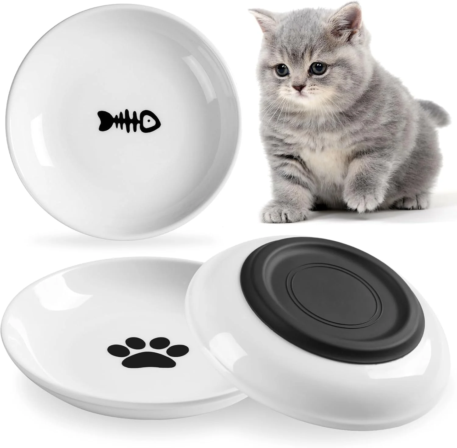 Detailed Cat Food Bowl Healthy Ceramic Cat Bowls for Indoor Cats Anti Whisker Fatigue Cats Dishes Set Shallow Wide Kitten Plates for Food and Water Non-Slip Silicone Bottom 3 Pack Comfortable