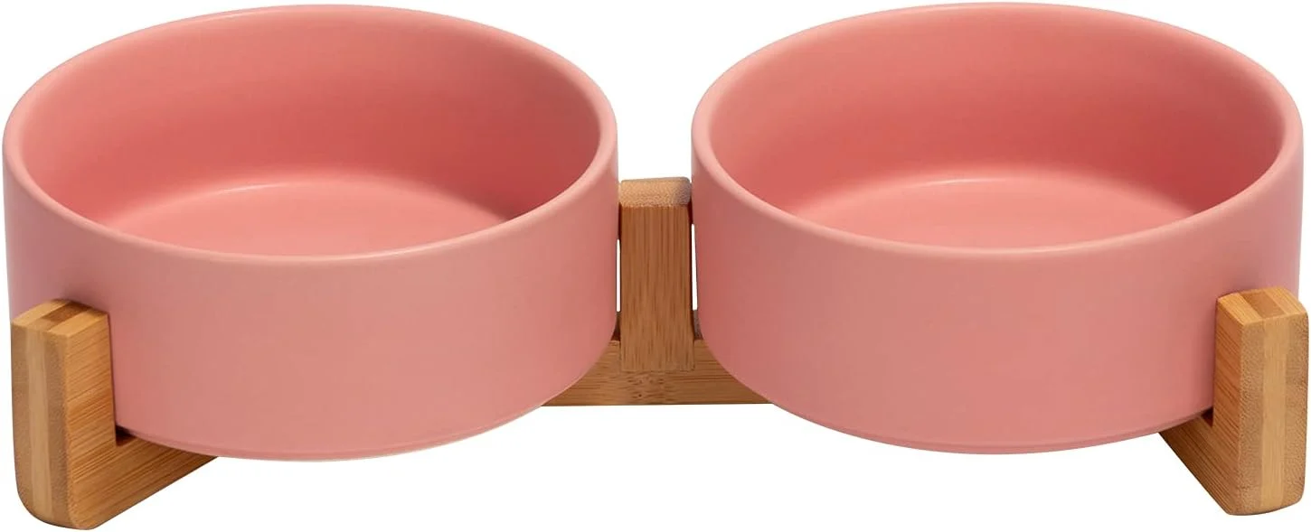 Carefully Designed SPUNKYJUNKY Ceramic Dog and Cat Bowl with Wood Stand Non-Slip Matte Glaze Weighted Food Water Set for Cats Small Dogs 13.5 OZ Functional