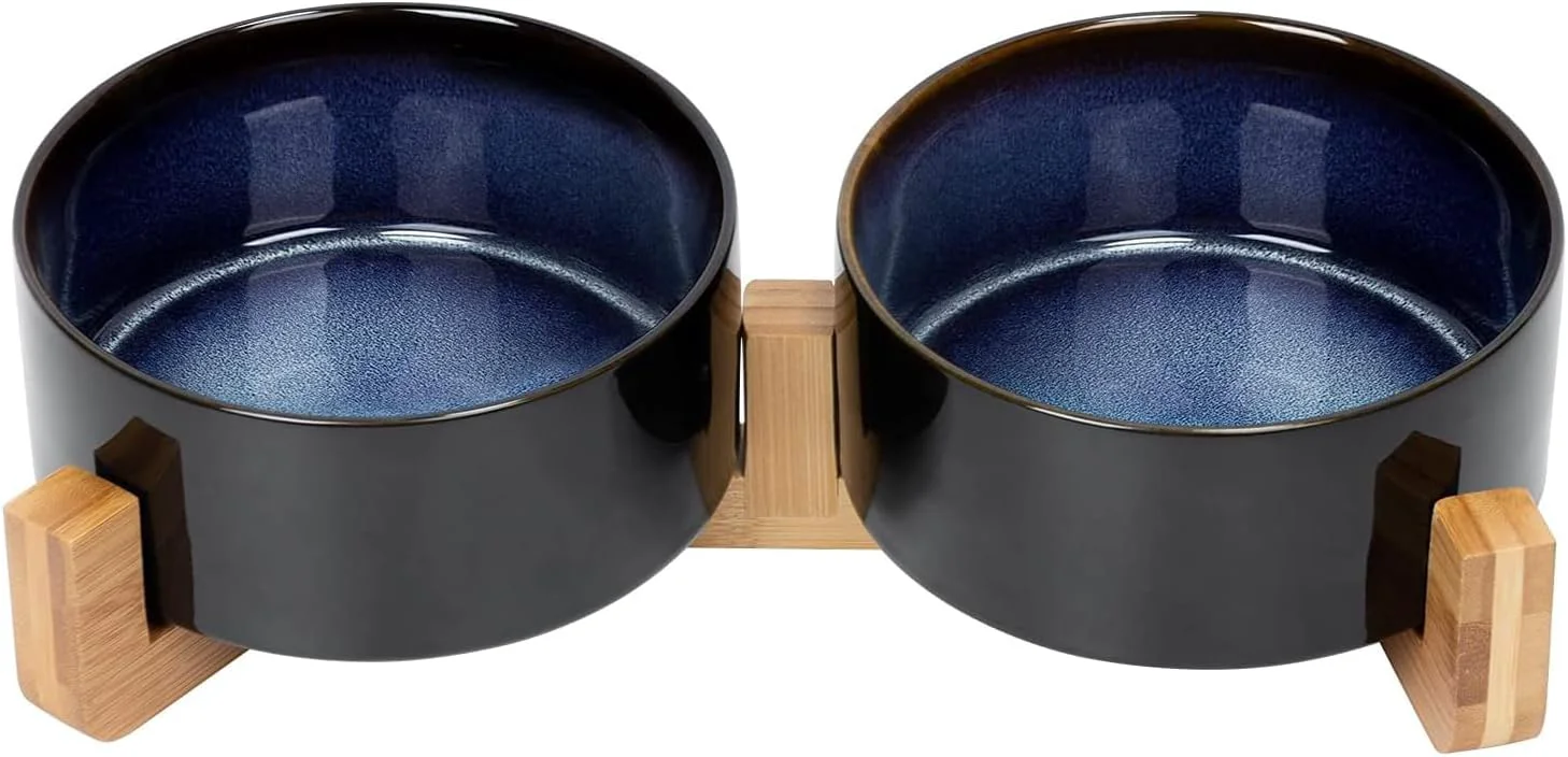 Traditional SPUNKYJUNKY Ceramic Dog and Cat Bowl Set with Wooden Stand Clean