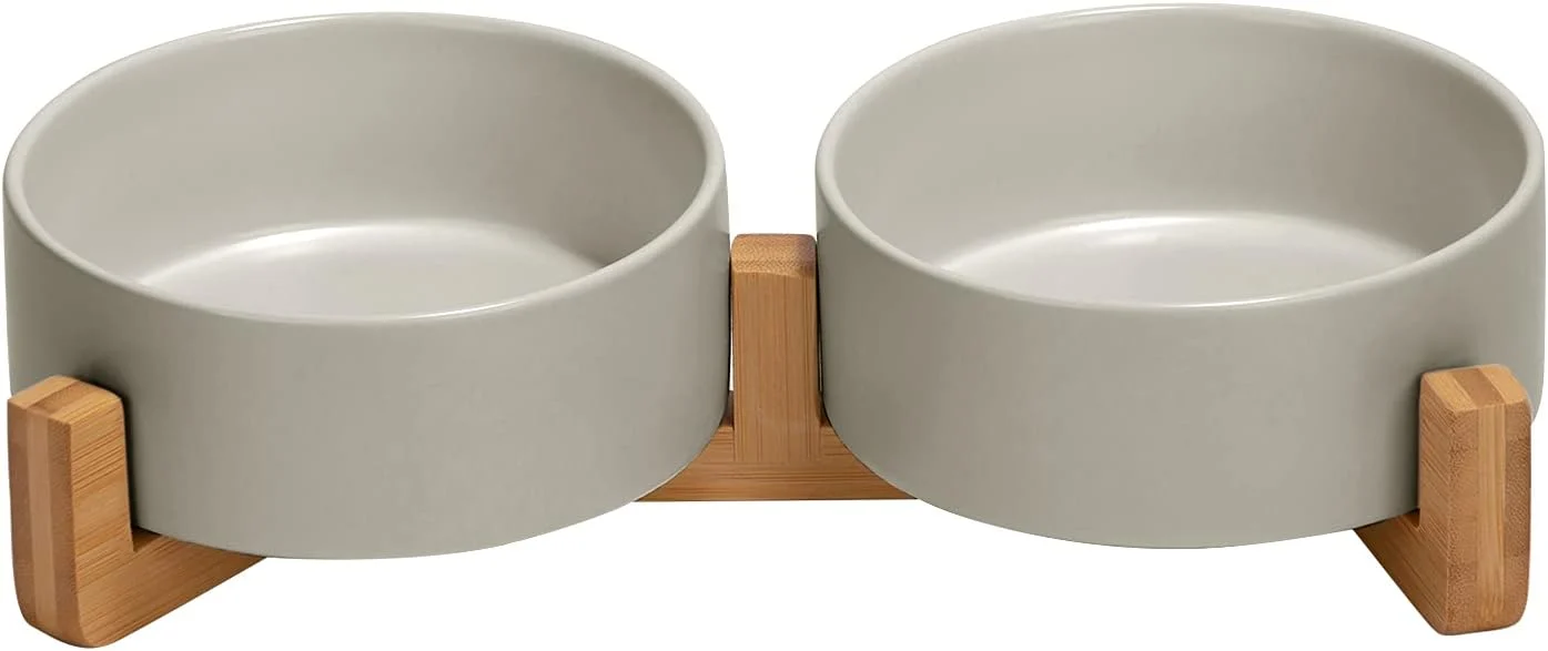 Fast SPUNKYJUNKY Ceramic Dog and Cat Bowl with Wood Stand Non-Slip Matte Glaze Weighted Food Water Set for Cats Small Dogs 13.5OZ Environmentally Friendly