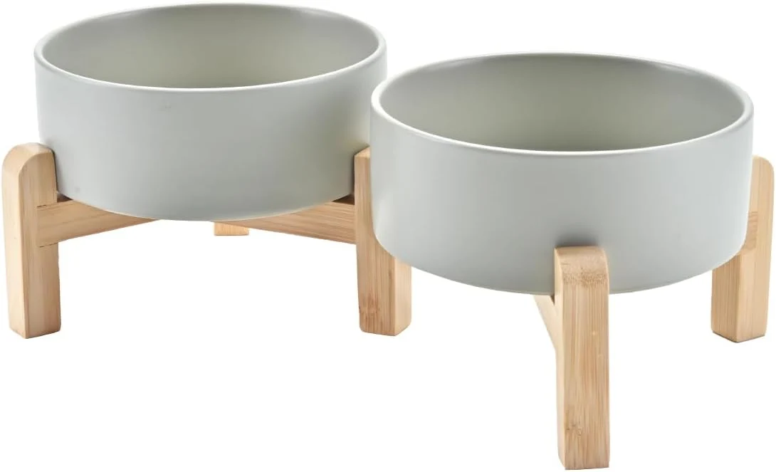 Classic SPUNKYJUNKY d Dog Bowls Ceramic 5.1'' Dogs and Cat Food Water Bowls Raised with Non-Slip Bamboo Stand for Puppy Small Sized Breed Microwave Dishwasher Safe - 13.5 OZ Grey Convenient