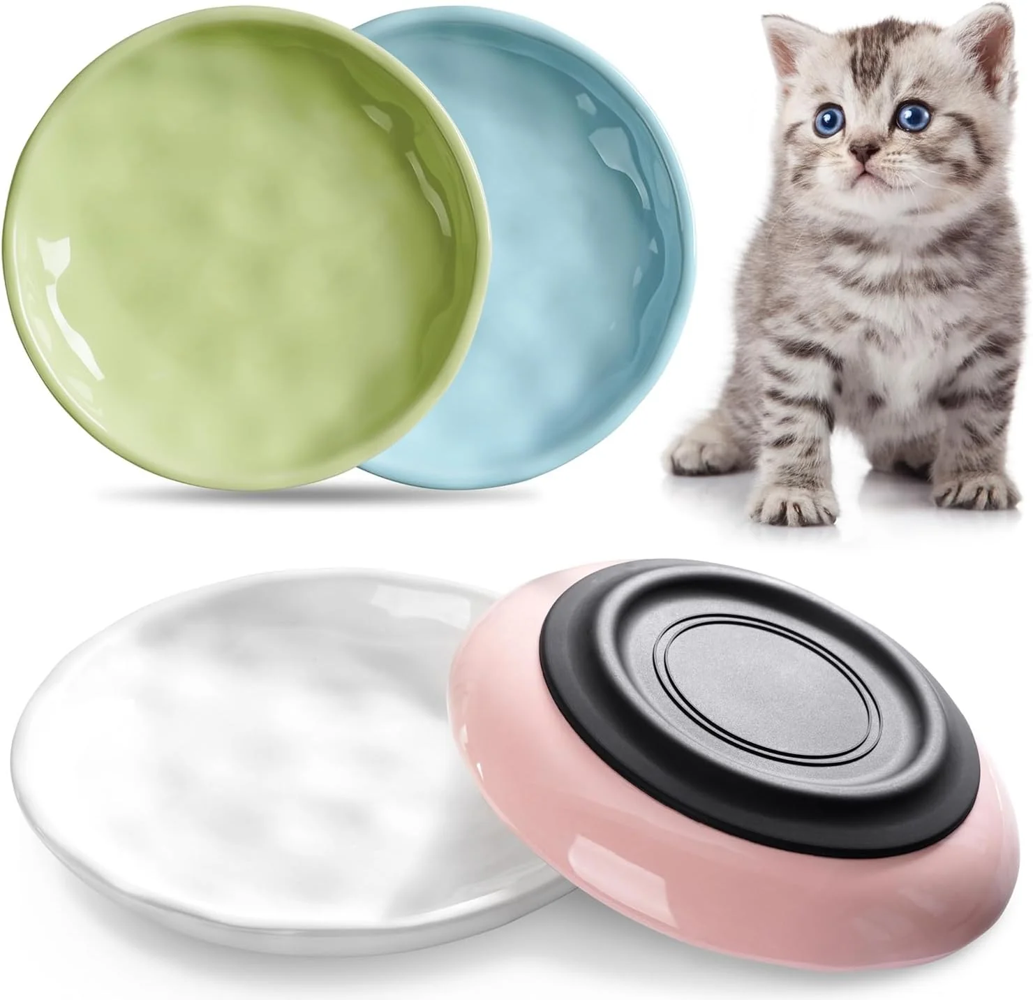 Durable Non-Slip Cat Food Bowl Healthy Ceramic Cats Bowls with Silicone Bottom Anti-Whisker Fatigue Cat Dishes Set Shallow Wide Kitten Plates for Food and Water 4 Pack Traditional