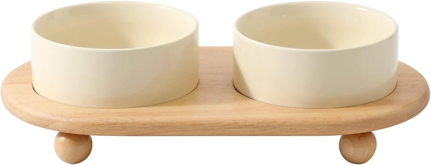 High-Performance Ceramic d Cat Food and Water Bowl Kitty Bowl Raised Cat Dish Pet Feeder 5.1 in 2 x Beige Stand Exclusive