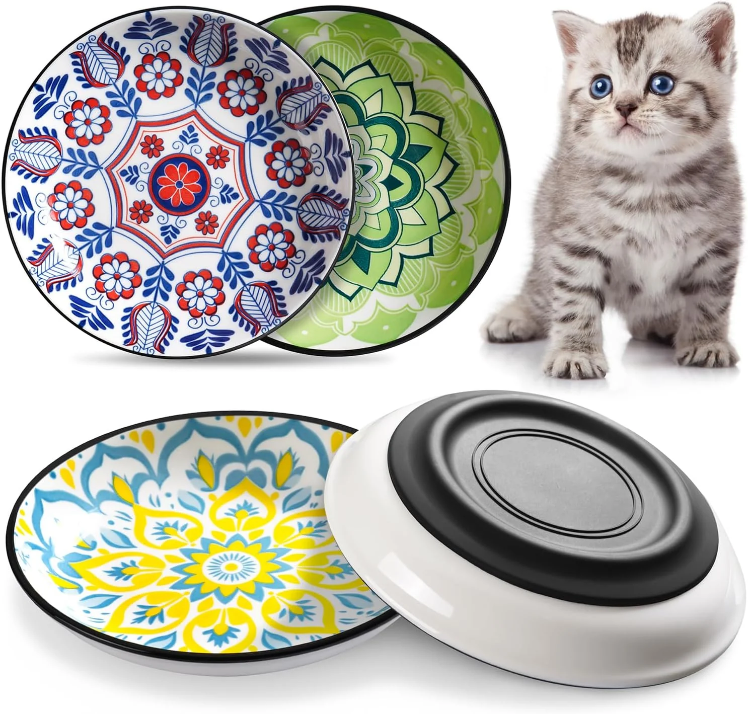 Organic Non-Slip Cat Bowl Ceramic Cat Food Bowls with Silicone Bottom Anti-Whisker Fatigue Cats Dishes Set Shallow Wide Kitten Plates for Food and Water 4 Pack Secure