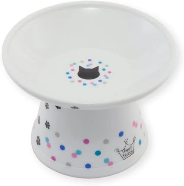 Certified Necoichi Raised Cat Food Bowl – Ceramic d Cat Bowl for Whisker Neck Fatigue Dishwasher Microwave Safe – Non-Slip Anti Vomiting Ergonomic Design Colorful Dots Extra Wide Artisan