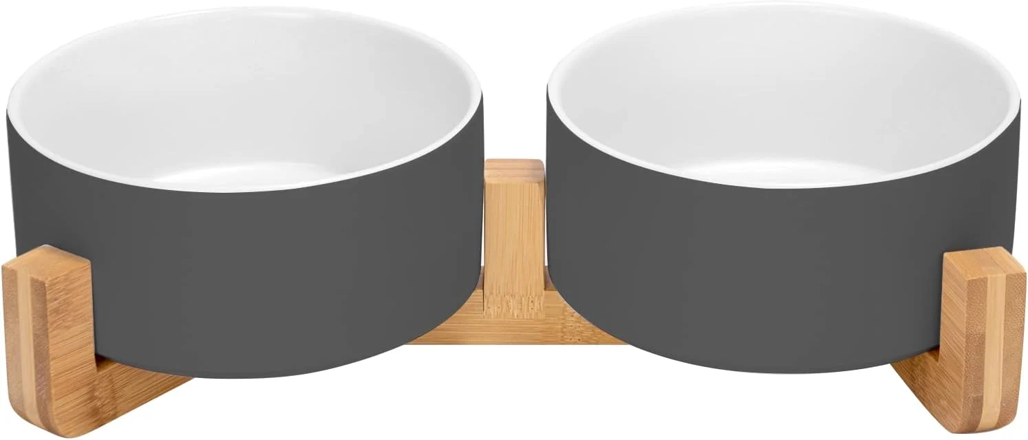 Premium Material SPUNKYJUNKY Ceramic Dog and Cat Bowl Set with Wooden Stand Modern Cute Weighted Food Water Set for Small Size Dogs 13.5OZ Medium Sized Dogs 28.7OZ Cats 3.6 Cups 2 × White-Grey Exceptional