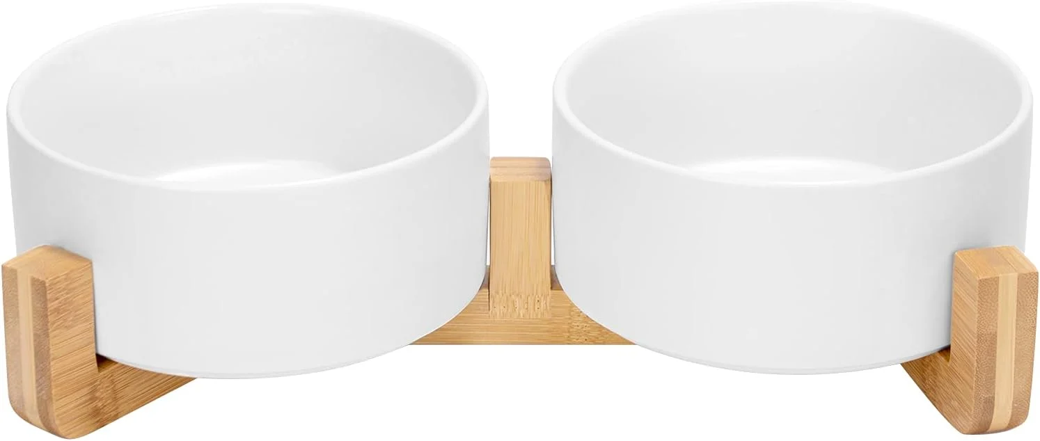 Official SPUNKYJUNKY Ceramic Dog and Cat Bowl Set with Wooden Stand Modern Cute Weighted Food Water Set for Large Size Dogs 7.6 Cups 2 × White Verified