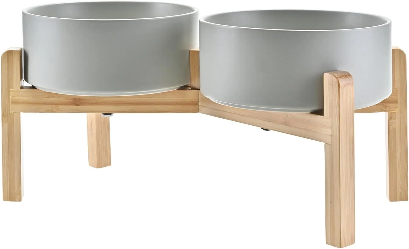 Smart SPUNKYJUNKY d Dog Bowls Ceramic 7.3'' Dogs Food Water Bowls Raised with Non-Slip Bamboo Stand for Medium to Large Sized Breed Microwave Dishwasher Safe - 42 OZ Grey User-Friendly
