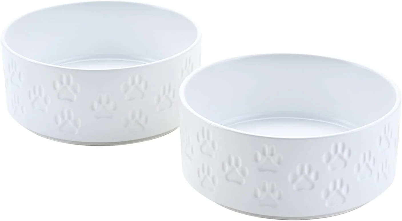 Selected SPUNKYJUNKY Ceramic Dog Bowls 2 Pack 8.3'' Dog Food Water Double Feeding Bowls Non-Slip for Medium to Large Sized Breed Microwave Dishwasher Safe - 60 OZ 2pcs Paw White Classic