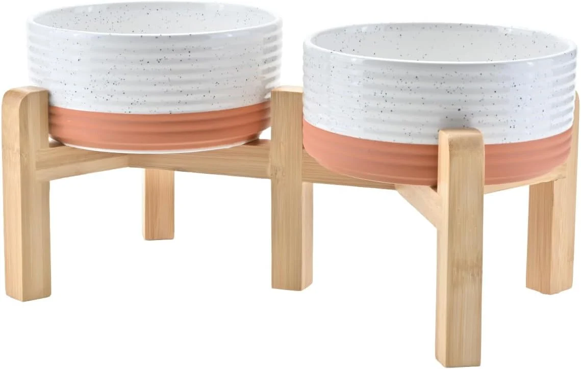 Dependable SPUNKYJUNKY d Dog Bowls Ceramic 6.1'' Dogs and Cat Food Water Bowls Raised with Non-Slip Bamboo Stand for Medium Sized Breed Microwave Dishwasher Safe - 28.7 OZ Pattern White Authentic