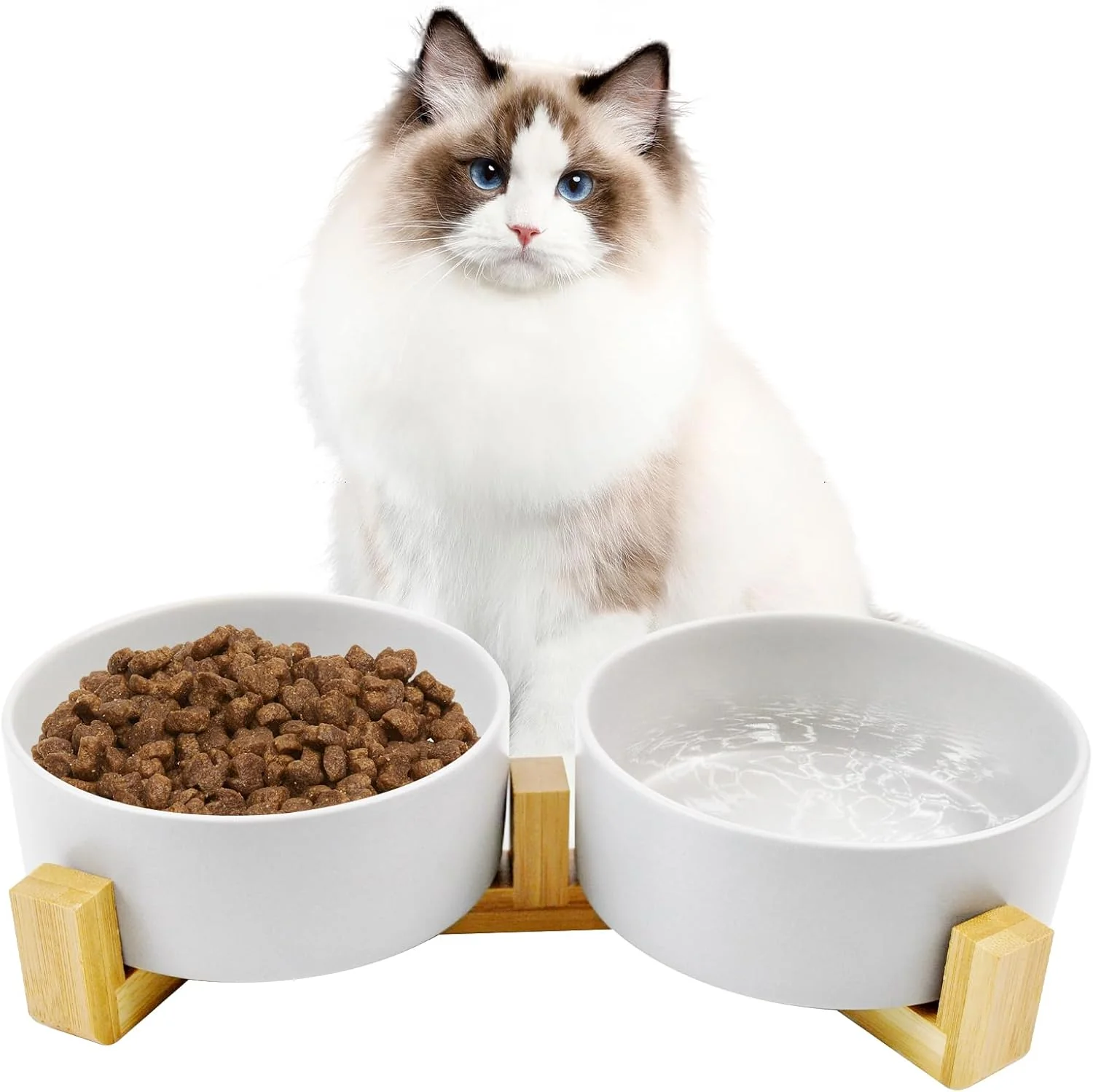 Top-Quality Ceramic Cat Bowls with Bamboo Stand Non-Slip Small Dog Food and Water Bowl Set Non-Spill Cats Feeder Dish Modern Cute Weighted Cat Dishes for Small Dogs Puppy Cats Kitten White Specialty