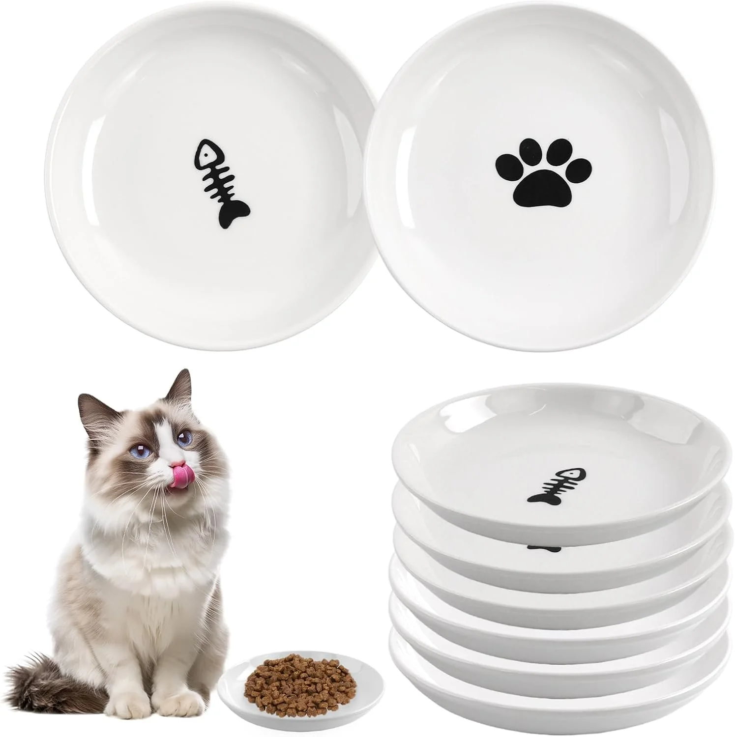 Excellent 6 Pack Cat Food Bowl Ceramic Cat Bowls Anti Whisker Fatigue Cats Bowl Set 5.5 Inches Shallow Wide Kitten Plates for Food and Water Cat's Paw Fishbone Flexible